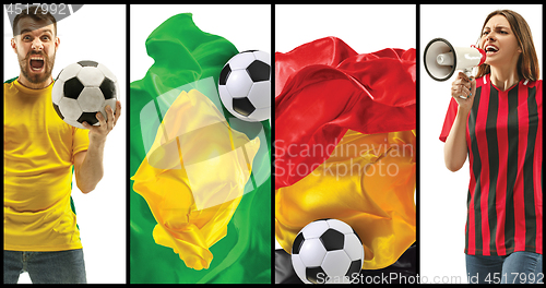 Image of The collage about emotions of football fans of Brazil and Belgium teems and flags isolated on white background