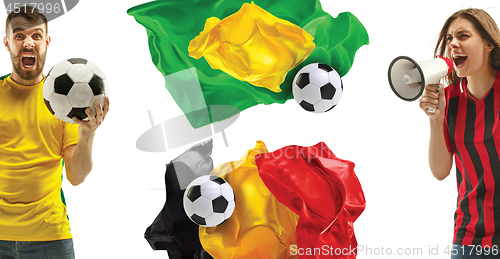 Image of The collage about emotions of football fans of Brazil and Belgium teems and flags isolated on white background