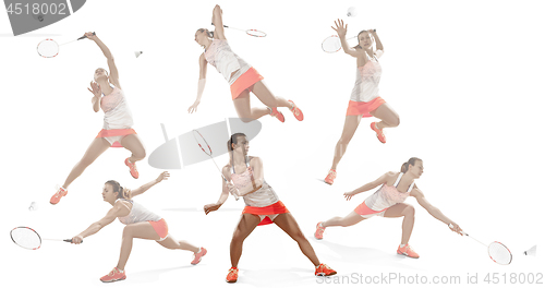 Image of Young woman playing badminton over white background