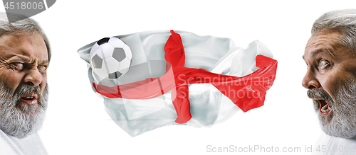 Image of The collage about emotions of football fans of England teem and flag isolated on white background