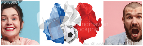 Image of The collage about emotions of football fans of France teem and flag isolated on white background