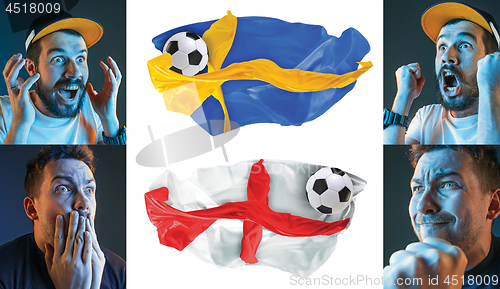 Image of The collage about emotions of football fans of England and Sweden teems and flags isolated on white background