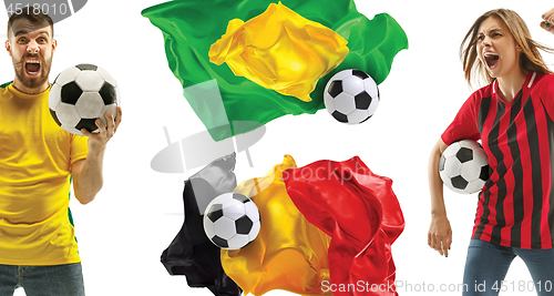 Image of The collage about emotions of football fans of Brazil and Belgium teems and flags isolated on white background