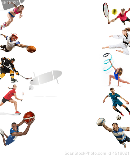 Image of Sport collage about kickboxing, soccer, american football, basketball, ice hockey, badminton, taekwondo, tennis, rugby