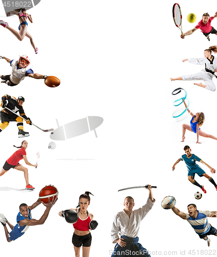 Image of Sport collage about kickboxing, soccer, american football, basketball, ice hockey, badminton, taekwondo, tennis, rugby