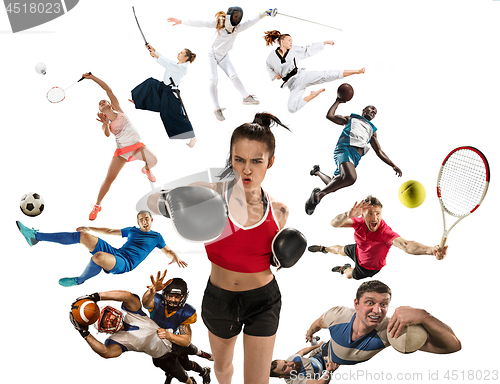 Image of Sport collage about kickboxing, soccer, american football, basketball, badminton, taekwondo, tennis, rugby