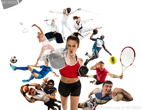 Image of Sport collage about kickboxing, soccer, american football, basketball, badminton, taekwondo, tennis, rugby