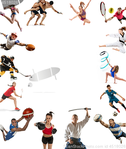 Image of Sport collage about kickboxing, soccer, american football, basketball, ice hockey, badminton, taekwondo, tennis, rugby