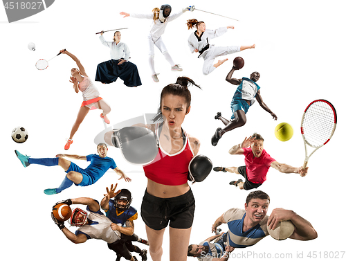 Image of Sport collage about kickboxing, soccer, american football, basketball, badminton, taekwondo, tennis, rugby