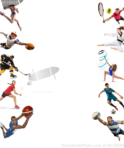 Image of Sport collage about kickboxing, soccer, american football, basketball, ice hockey, badminton, taekwondo, tennis, rugby