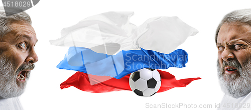 Image of The collage about emotions of football fans of Russia teem and flag isolated on white background