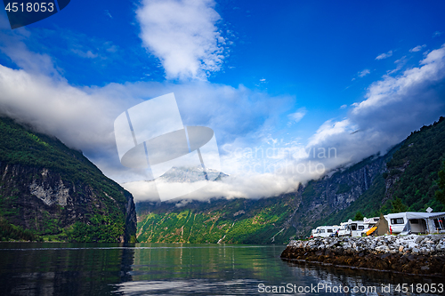 Image of Geiranger fjord, Norway. Family vacation travel RV, holiday trip