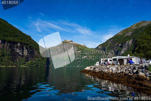 Image of Geiranger fjord, Norway. Family vacation travel RV, holiday trip