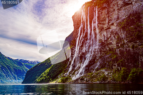 Image of Geiranger fjord, waterfall Seven Sisters. Beautiful Nature Norwa