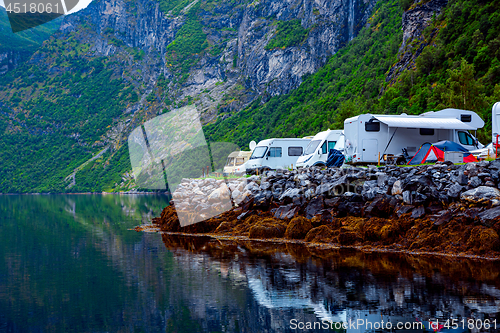 Image of Geiranger fjord, Norway. Family vacation travel RV, holiday trip