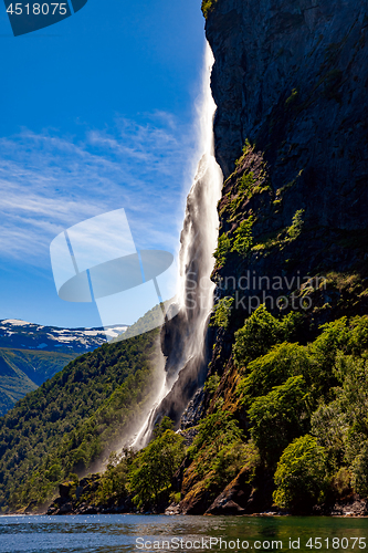 Image of Geiranger fjord, waterfall Seven Sisters. Beautiful Nature Norwa