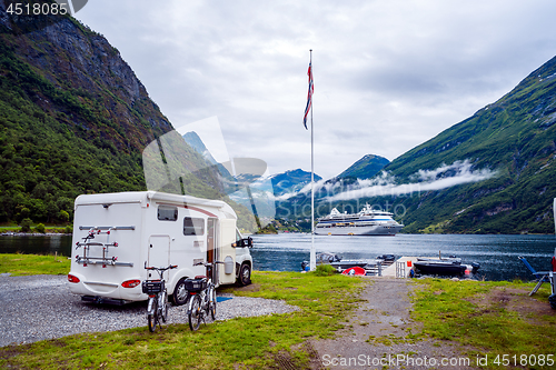 Image of Geiranger fjord, Norway. Family vacation travel RV, holiday trip