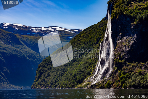 Image of Geiranger fjord, waterfall Seven Sisters. Beautiful Nature Norwa