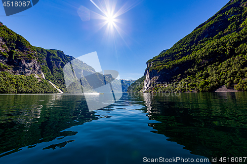 Image of Geiranger fjord, waterfall Seven Sisters. Beautiful Nature Norwa