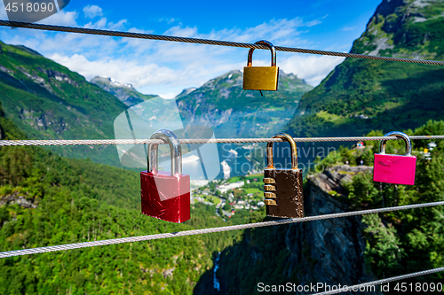 Image of Geiranger fjord view point Lookout observation deck, Norway.