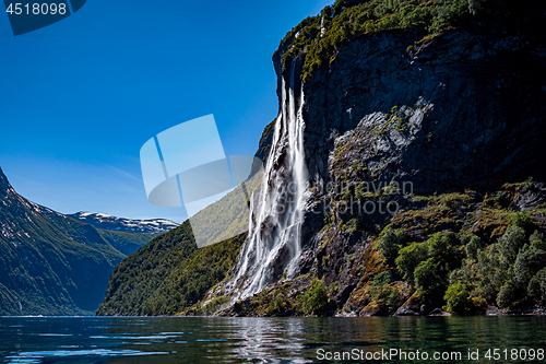 Image of Geiranger fjord, waterfall Seven Sisters. Beautiful Nature Norwa