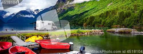 Image of Family vacation travel RV, holiday trip in motorhome