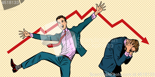Image of two businessmen. different emotions bankruptcy stock market crash