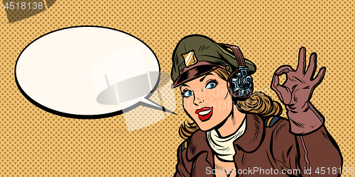 Image of okay gesture. girl woman retro Aviator pilot