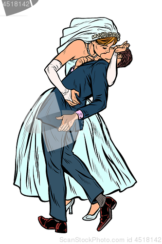 Image of kiss bride and groom, wedding ceremony. feminist woman and man