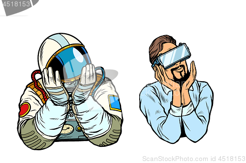 Image of set thinker dreamer man, astronaut and man in vr glasses