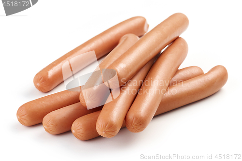 Image of fresh boiled sausages on white background