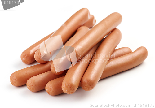 Image of fresh boiled sausages on white background