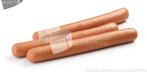 Image of fresh boiled sausages on white background