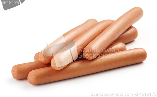 Image of fresh boiled sausages on white background