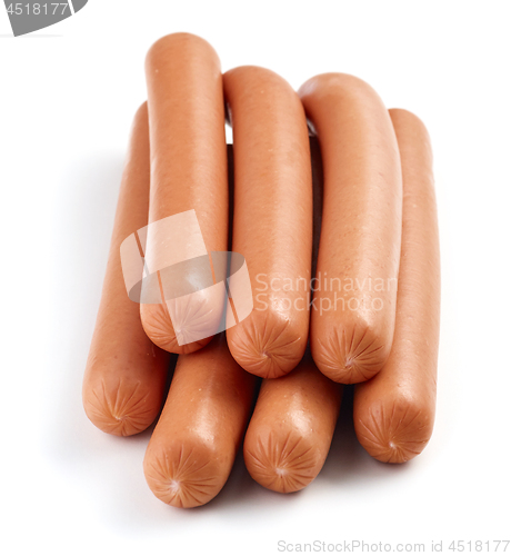 Image of fresh boiled sausages on white background