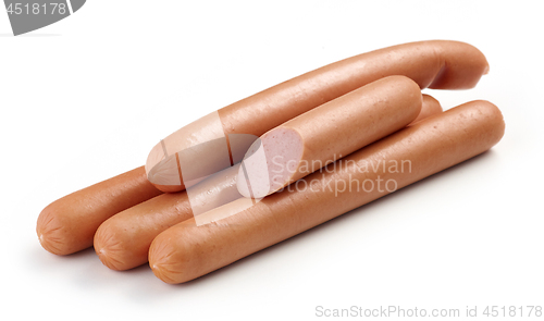 Image of fresh boiled sausages on white background