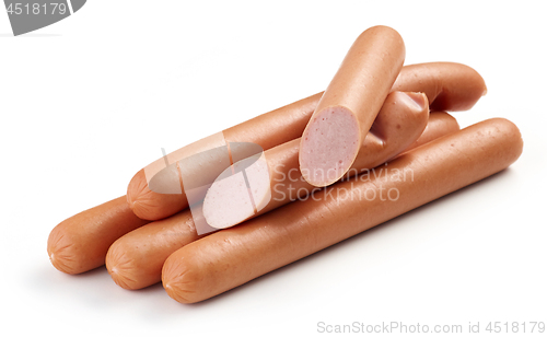 Image of fresh boiled sausages on white background