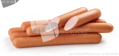 Image of fresh boiled sausages on white background