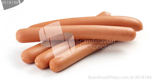 Image of fresh boiled sausages on white background