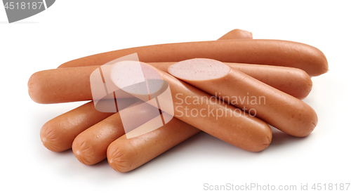 Image of fresh boiled sausages on white background