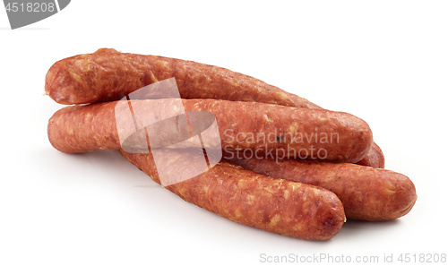 Image of smoked sausages on white background
