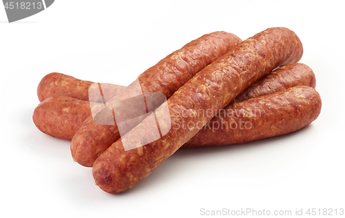 Image of smoked sausages on white background