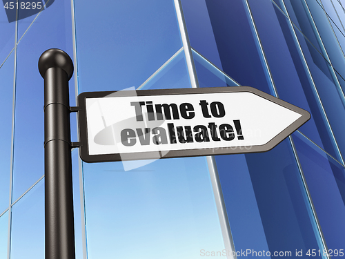 Image of Time concept: sign Time to Evaluate! on Building background