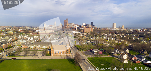 Image of Aerial View Cleveland Downtown Skyline Storm Approaching