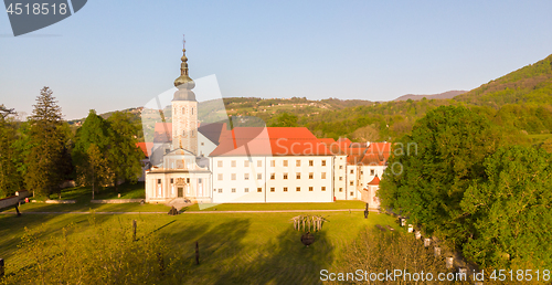 Image of Aerial view of Cistercian monastery Kostanjevica na Krki, homely appointed as Castle Kostanjevica, Slovenia, Europe