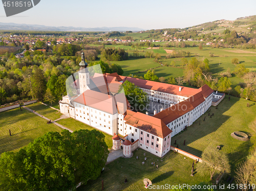 Image of Aerial view of Cistercian monastery Kostanjevica na Krki, homely appointed as Castle Kostanjevica, Slovenia, Europe