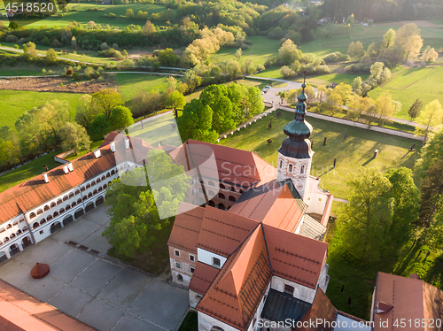 Image of Aerial view of Cistercian monastery Kostanjevica na Krki, homely appointed as Castle Kostanjevica, Slovenia, Europe