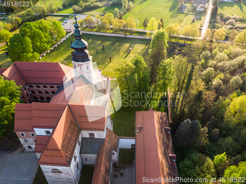 Image of Aerial view of Cistercian monastery Kostanjevica na Krki, homely appointed as Castle Kostanjevica, Slovenia, Europe