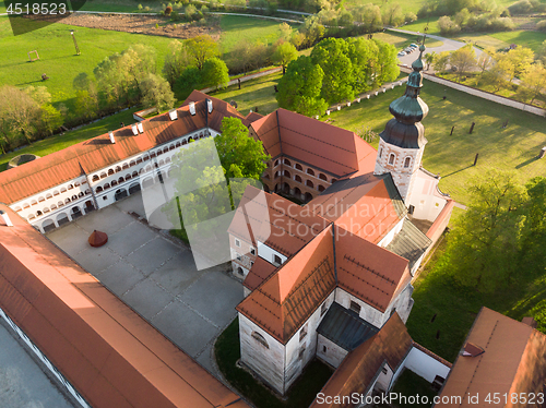 Image of Aerial view of Cistercian monastery Kostanjevica na Krki, homely appointed as Castle Kostanjevica, Slovenia, Europe