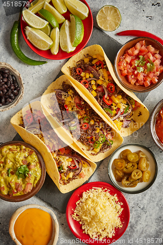 Image of Tasty Mexican meat tacos served with various vegetables and salsa